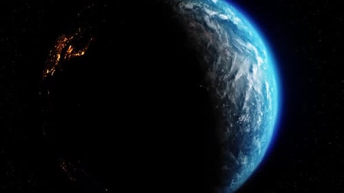 Closeup View of Blue Earth Space at Night and Day Lights on Planet