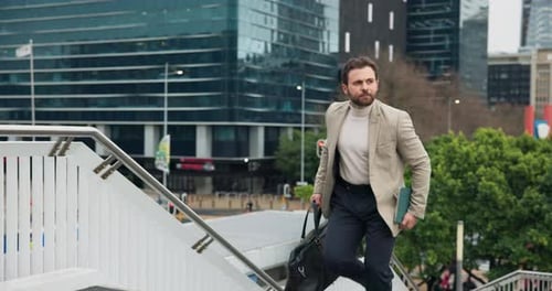 City, walk and lawyer with stairs for travel, morning commute and journey to work