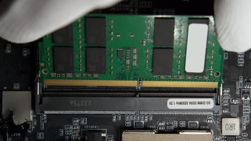 RAM DDR4 Sodimm Installation in PC with Connector on Motherboard Background