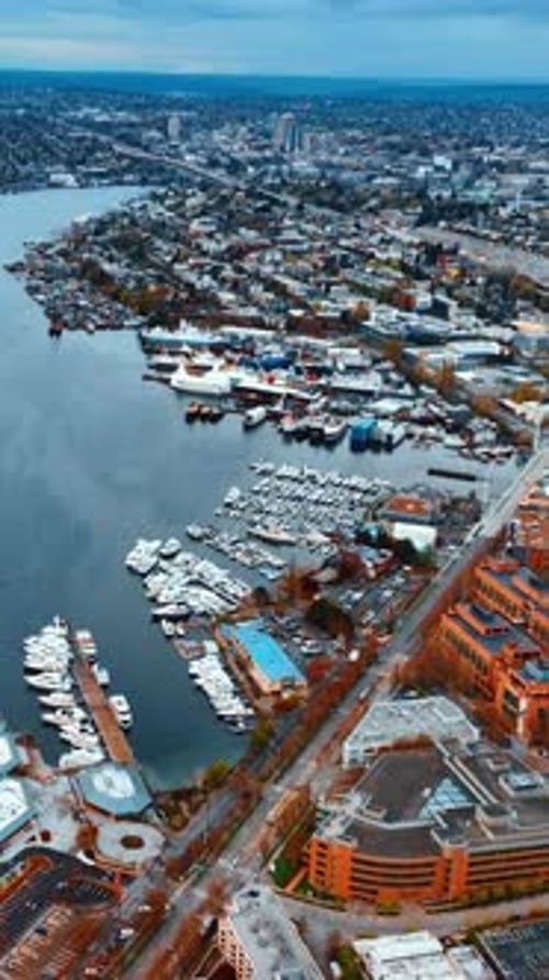 American urban drone view downtown. Aerial Seattle city landscapes. Vertical video