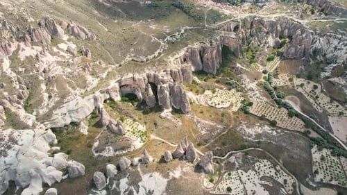 Turkey, Goreme Aerial View. Background Of Cappadocia Landscape