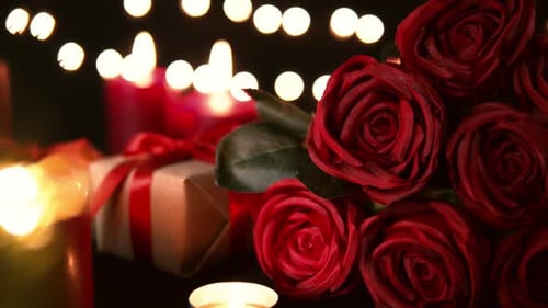Bouquet of Roses with Candles and Gift