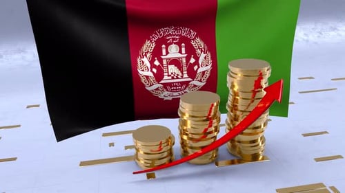 Afghanistan Flag With Gold Coins Tower And Up Arrow