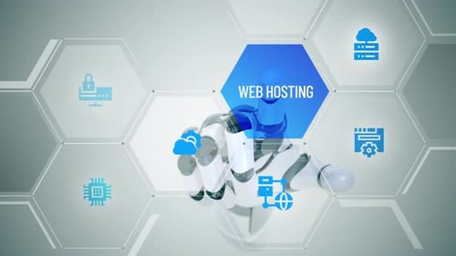 Futuristic Robot Hand Activating Web Hosting Hexagon Interface