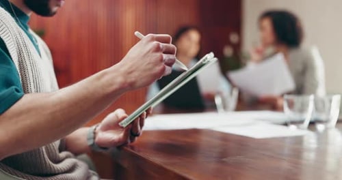 Hands, business and man with stylus in office for research, editor feedback and manuscript