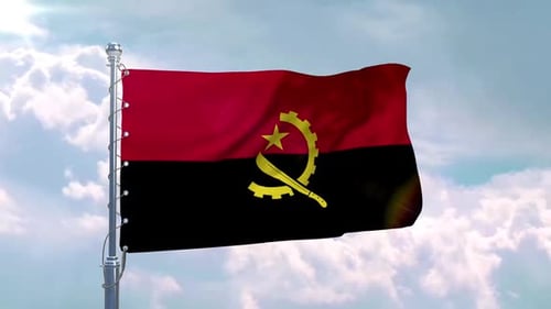 Realistic Angola Flag Waving Against Blue Sky and Moving Clouds