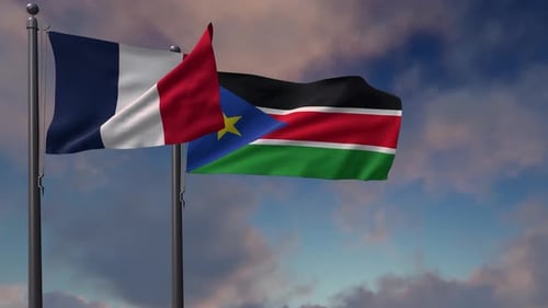 3D France and South Sudan Flags Waving in Wind