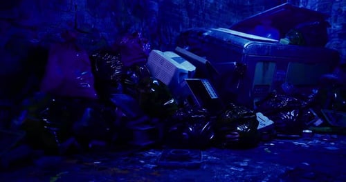 Urban Alley Filled with Discarded Trash Under Blue Lighting at Night