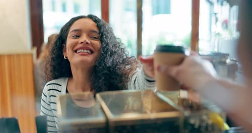 Coffee, order and woman in cafe in the morning with happy, service and fast food in small business