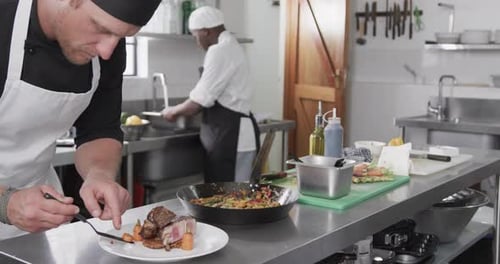 Professional Chef Plating Gourmet Food in Restaurant Kitchen