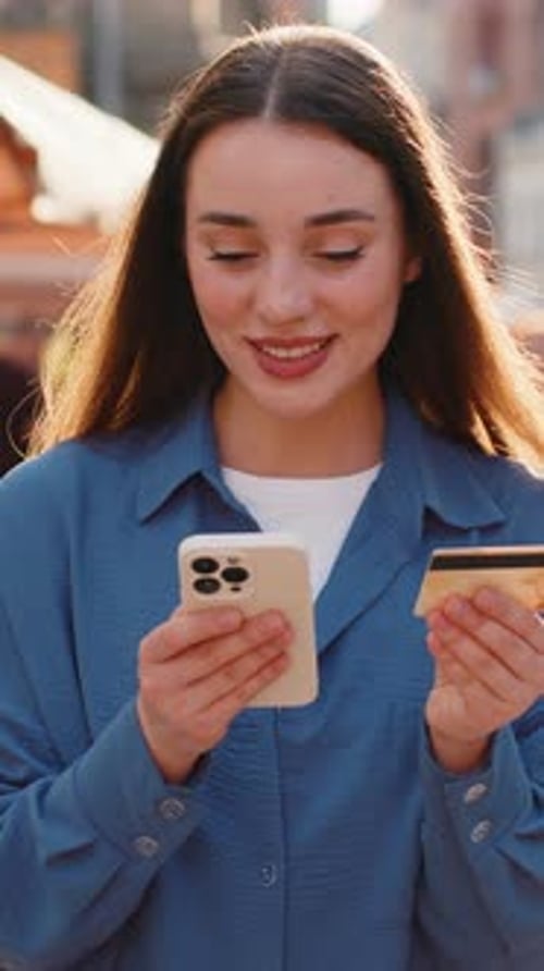 Young Woman Using Credit Bank Card Smartphone While Transferring Money Purchases Online Shopping