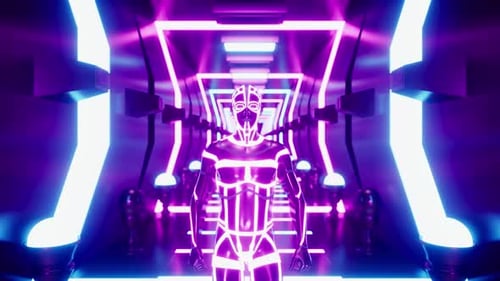 Gehender Neonlichtmann im Lampentunnel