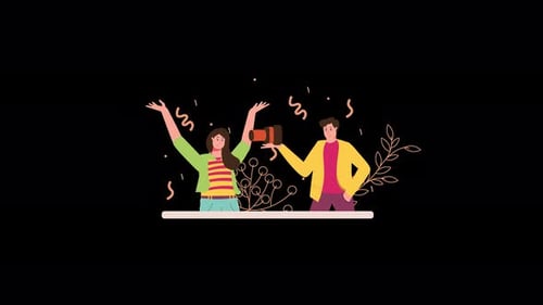 Flat Design Animation of People Celebrating with Confetti
