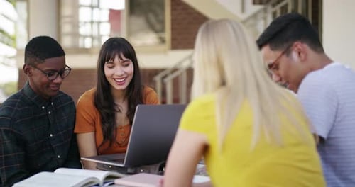 Students, woman studying and learning at university, college or education campus with laptop