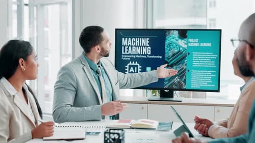 Ai, business people and team presentation on screen in meeting for coaching