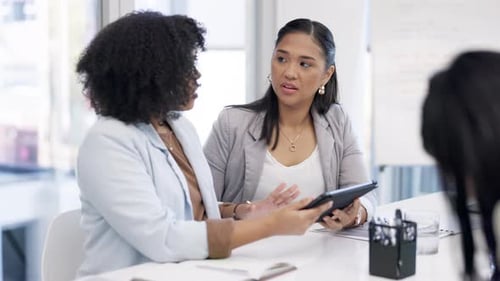 Business women, tablet and communication in office with corporate report and company strategy