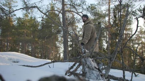 Happy man walking in winter forest and touches fallen tree, static view