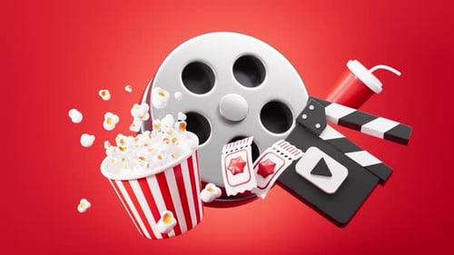 Animated 3D Cinema Elements with Popcorn and Film Reel