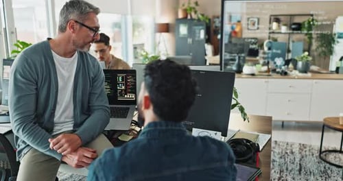 Men, discussion and computer screen for coding in office with reading, review