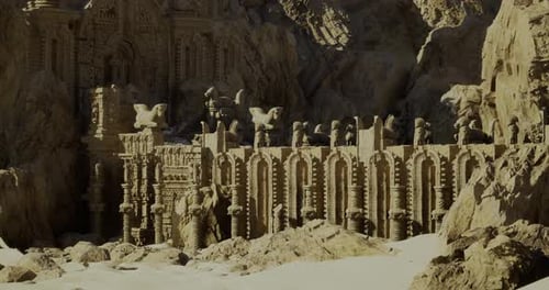 Intricate Sandcastle Resembling Ancient Architecture at a Desert Location