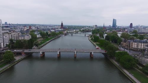 Aerial View of Frankfurt with Main River Bridges and Skyline