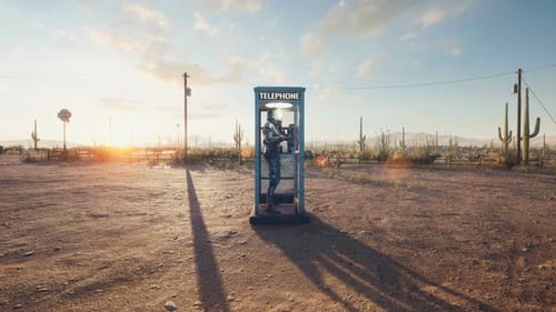 Un astronauta llama a un teléfono antiguo