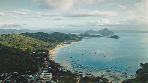 Green Mountain at Port Town Cityscape Water Transport of Ships Yachts Boats at Sea Bay Harbor