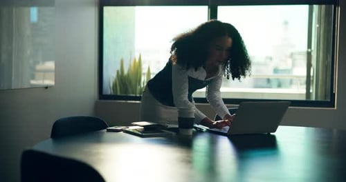 Laptop, writing and business woman in office for online proposal, investment research and report