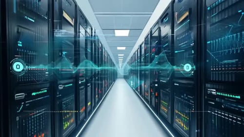 Futuristic Animation of Server Room and Data Flow