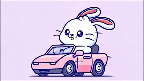 Cute Cartoon Rabbit Driving Pink Convertible Car Animation
