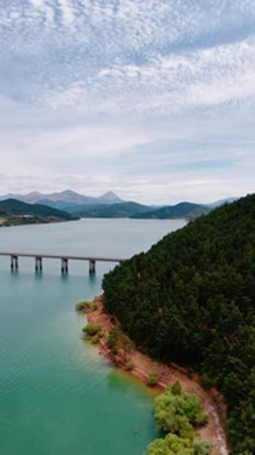 Bridge comes to the mount covered with thick pine tree forest