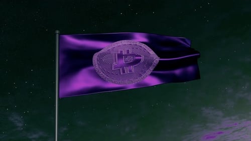 Violette Flagge mit dem Bitcoin-Symbol weht im Wind vor dem Hintergrund eines sternenklaren Nachthimmels