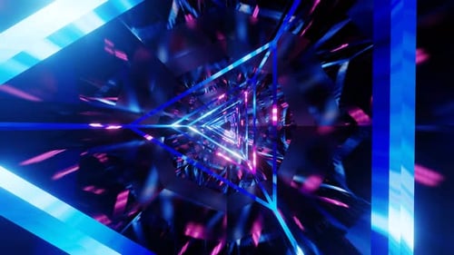 Neon Triangle Tunnel Futuristic Glowing Lights Purple Blue Energy Speed Digital Art 3D