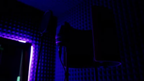 professional recording studio song recording equipment microphone close-up bottom view neon light