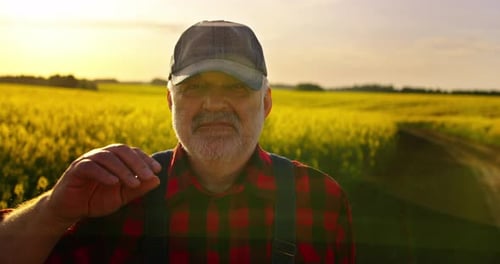 Happy Senior Farmer Looking At Camera Portrait In Agricultural Field Unity Of Human And Nature