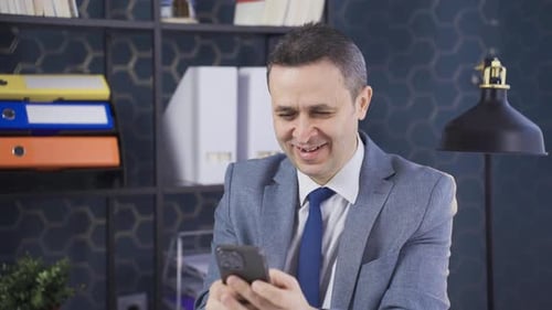 Smiling mature businessman holding smartphone in office.