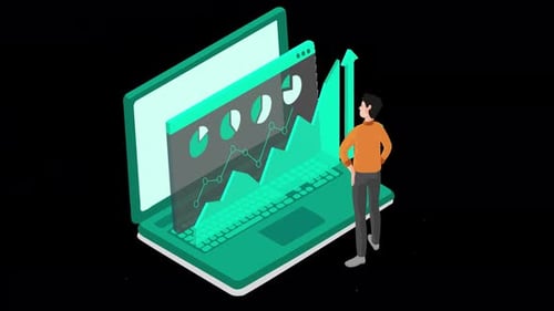 Person analyzing data, analyze charts, graphics on computer 4k animation on alpha channel