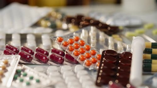 Pharmacy Concept Pills Falling on Medicine Packages in Slow Motion