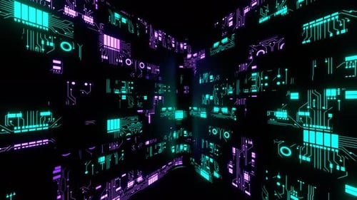 Turquoise And Purple Neon Cyber Hologram Microchip Movement Background Vj Loop In 4K