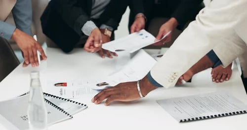 Business people, hands and paperwork busy with company information and project with chaos