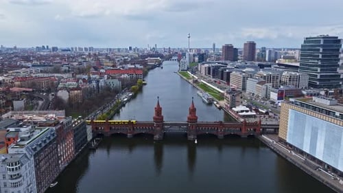 Aerial view of train crossing The Oberbaum Bridge , Berlin , Germany