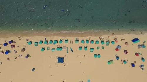 Sand Beach on Island Sea Wave and Blue Sky Top Down Wide View