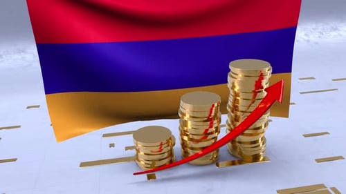 Armenia Flag With Gold Coins Tower And Up Arrow