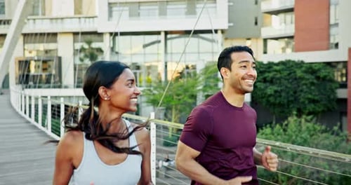 Running, city and couple of friends with fitness, training teamwork and workout on an urban bridge