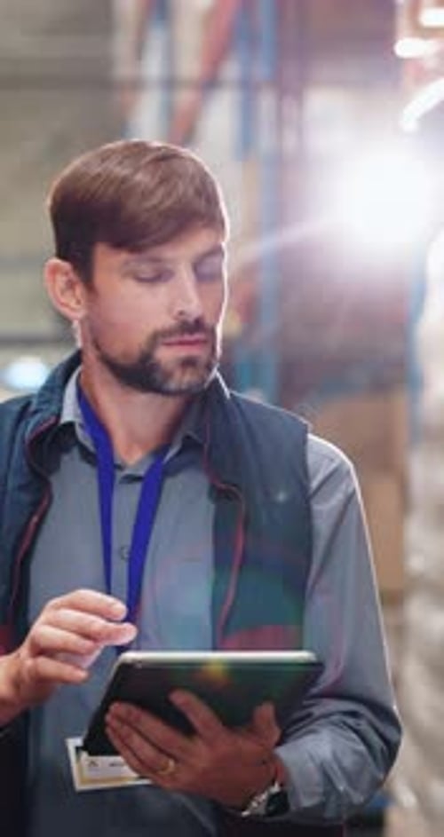 Man With Tablet Working in Brightly Lit Warehouse