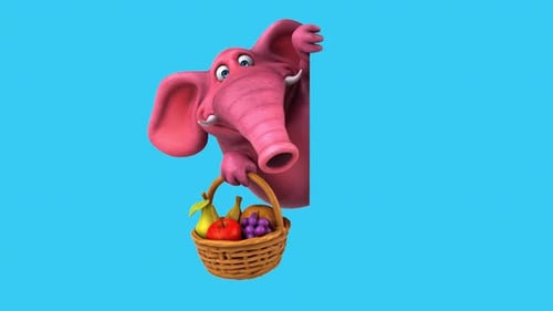 Lustiger 3D-Cartoon-Elefant mit Früchten (auf Alpha)