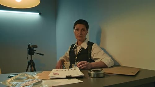 Woman at Desk in Room with Evidence