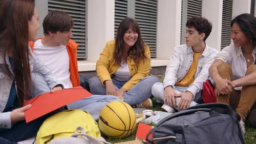 Group Cheerful Students Gathered Together Outdoors Multiracial College Classmates Enjoy Recreation