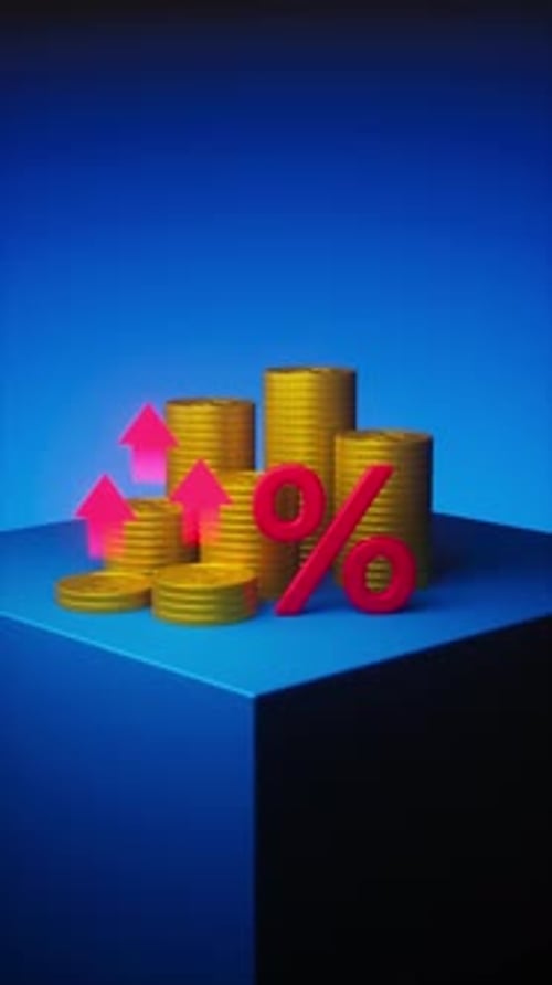 Animated Gold Coin Stacks with Percentage and Growth Arrow