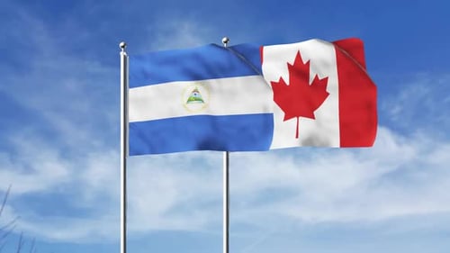 Nicaragua and Canada Flags Waving Together in Blue Sky